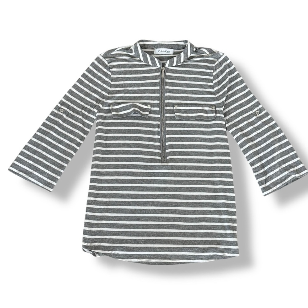Calvin Klein Women’s Medium Gray White Striped 3/4 Sleeve Zip Top Tunic Blouse